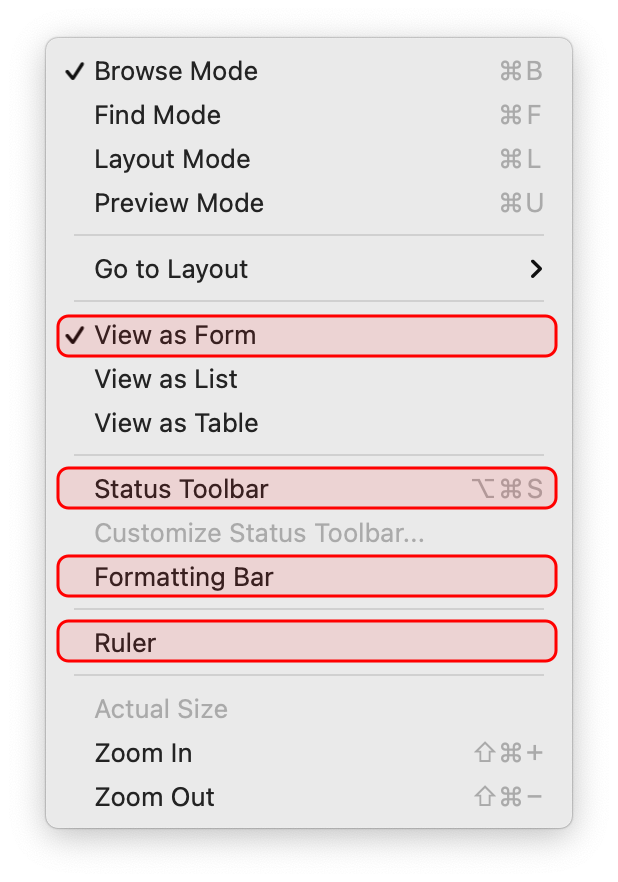 FileMaker View Menu Screenshot